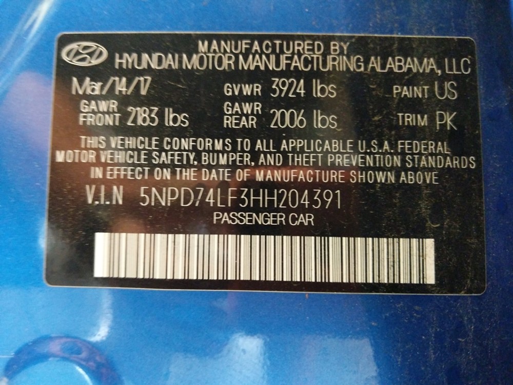 2017 Hyundai Elantra - VIN Plate