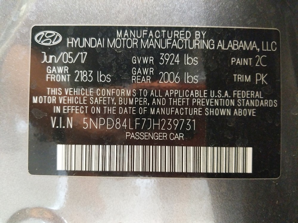 2018 Hyundai Elantra - VIN Plate