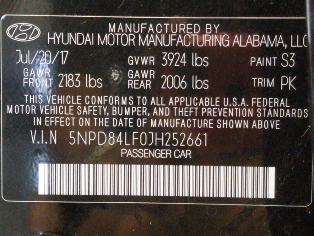 2018 Hyundai Elantra - VIN Plate