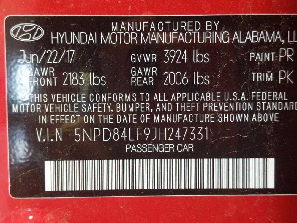 2018 Hyundai Elantra - VIN Plate