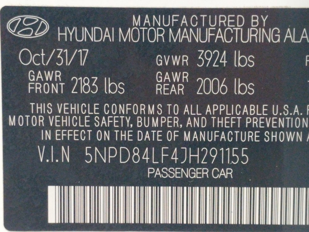 2018 Hyundai Elantra - VIN Plate