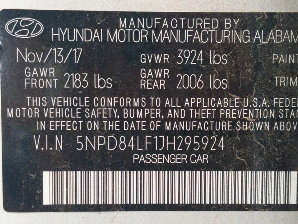 2018 Hyundai Elantra - VIN Plate