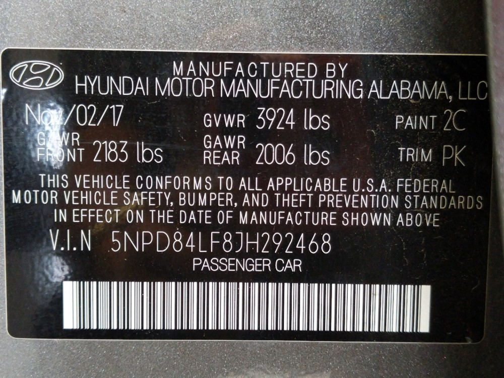 2018 Hyundai Elantra - VIN Plate