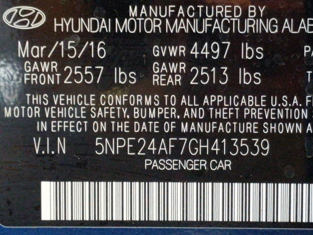 2016 Hyundai Sonata - VIN Plate
