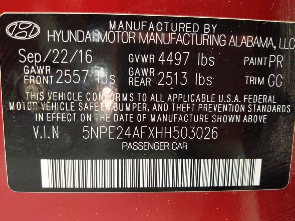 2017 Hyundai Sonata - VIN Plate