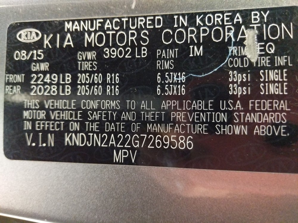 2016 Kia Soul - VIN Plate