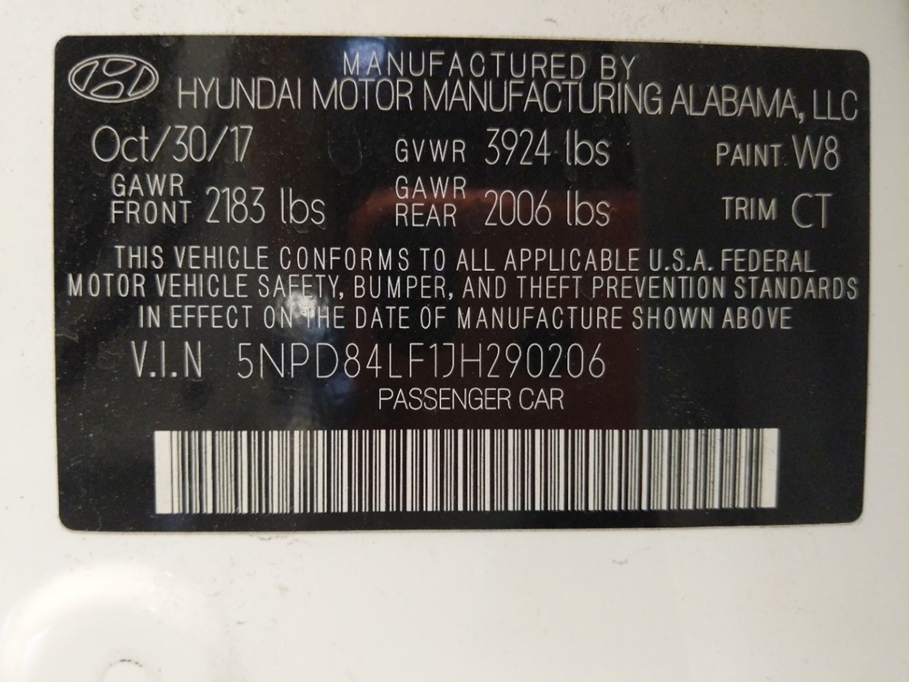 2018 Hyundai Elantra - VIN Plate
