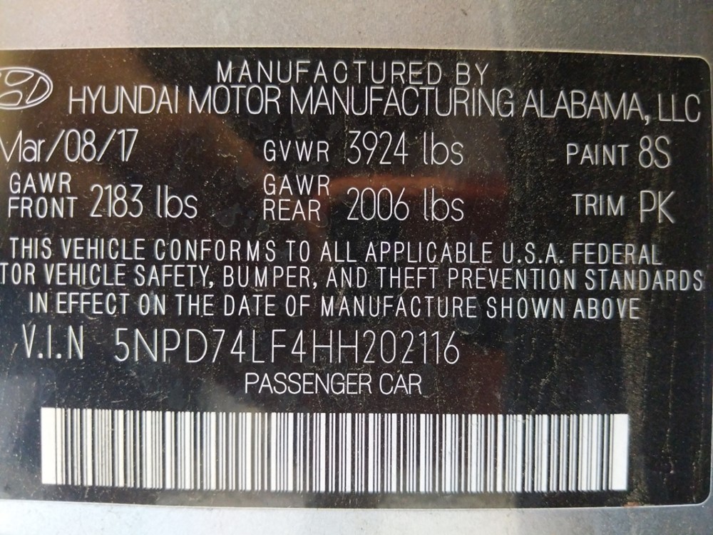 2017 Hyundai Elantra - VIN Plate