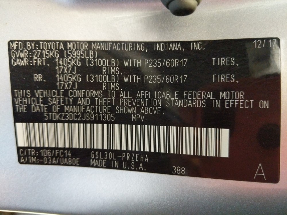 2018 Toyota Sienna - VIN Plate