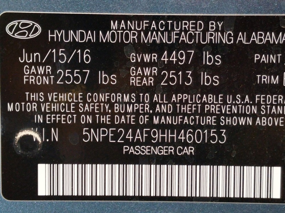 2017 Hyundai Sonata - VIN Plate