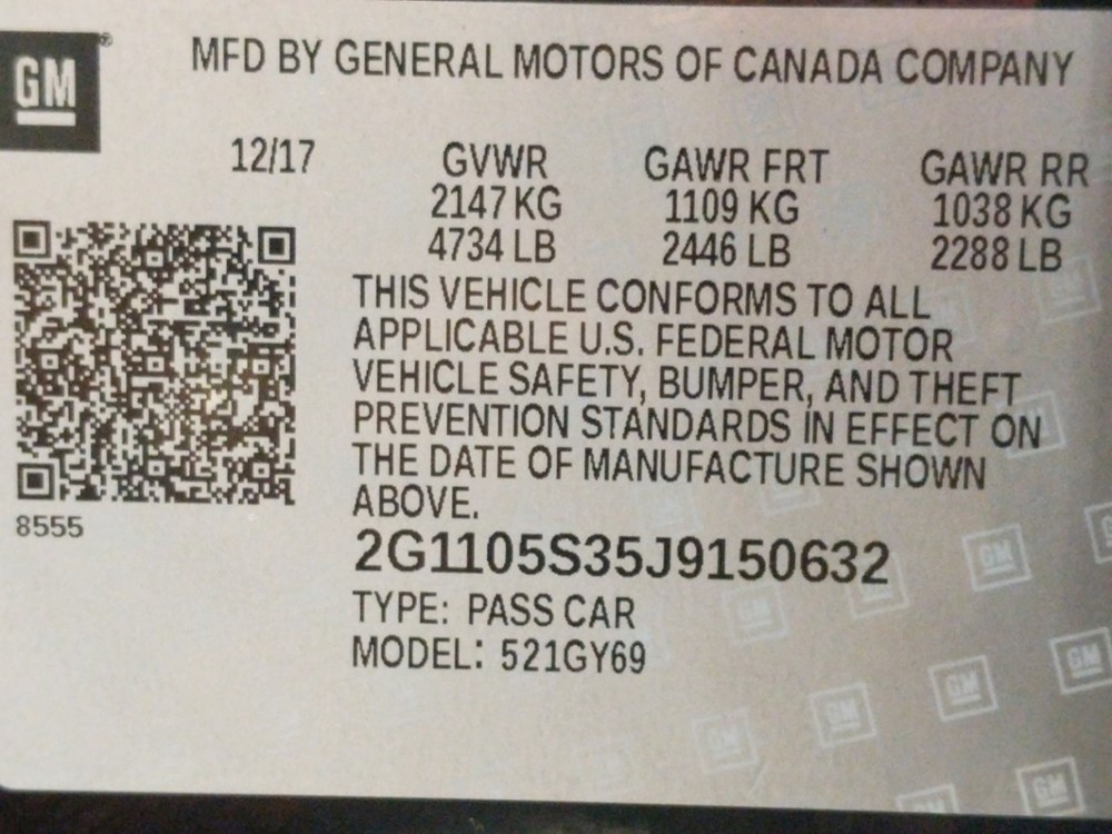 2018 Chevrolet Impala - VIN Plate