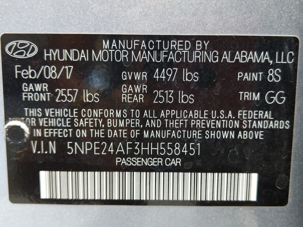 2017 Hyundai Sonata - VIN Plate