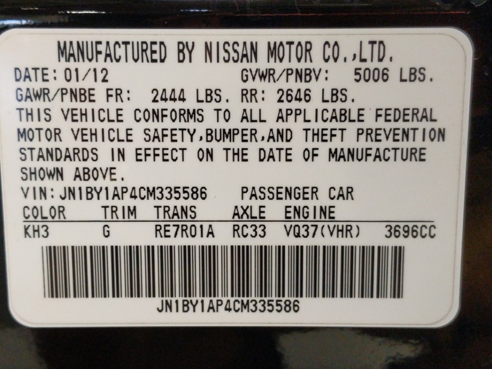 2012 INFINITI M37 - VIN Plate