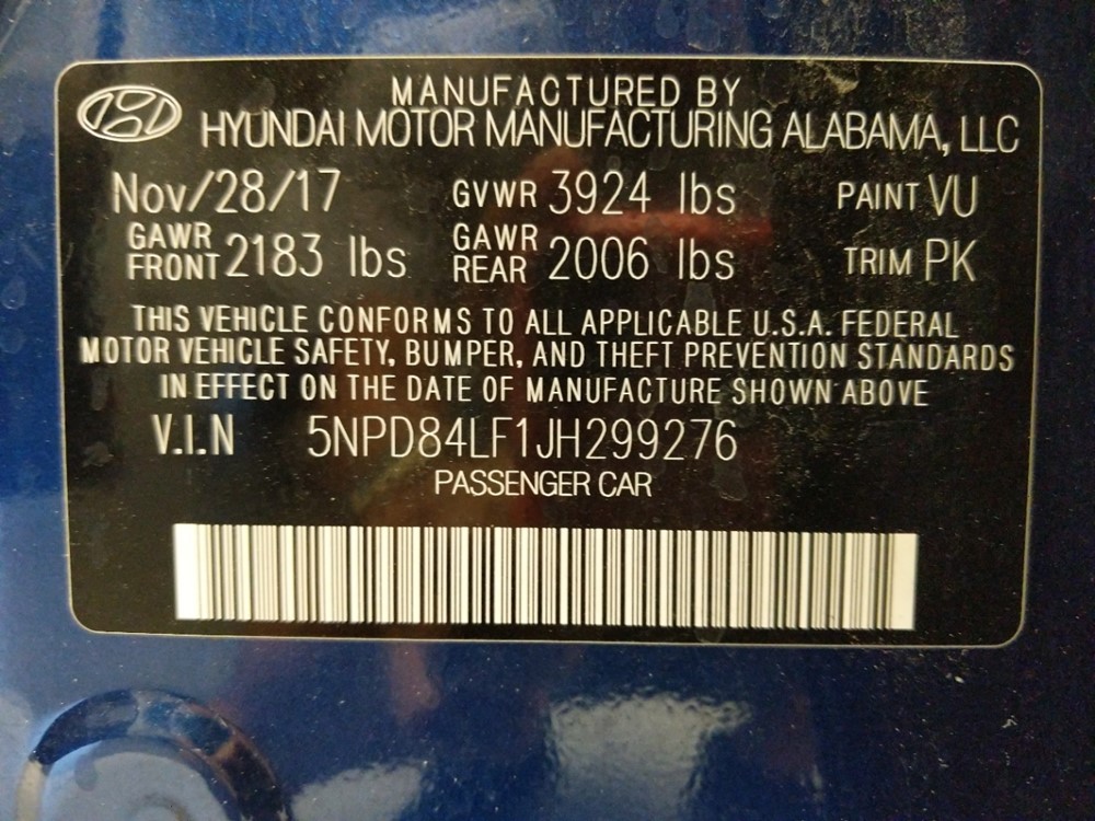2018 Hyundai Elantra - VIN Plate
