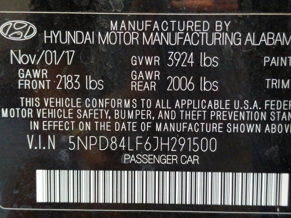 2018 Hyundai Elantra - VIN Plate