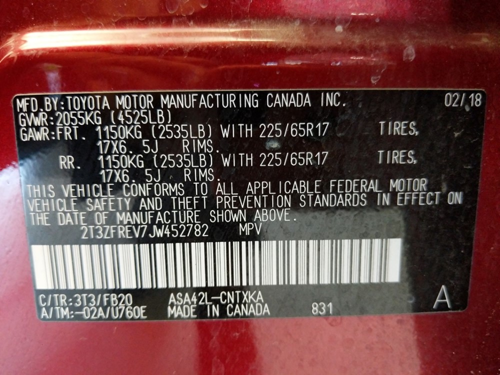 2018 Toyota RAV4 - VIN Plate