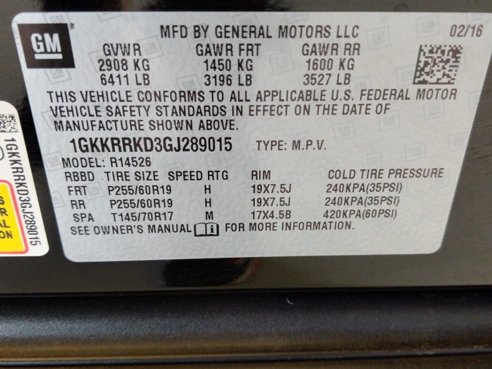 2016 GMC Acadia - VIN Plate