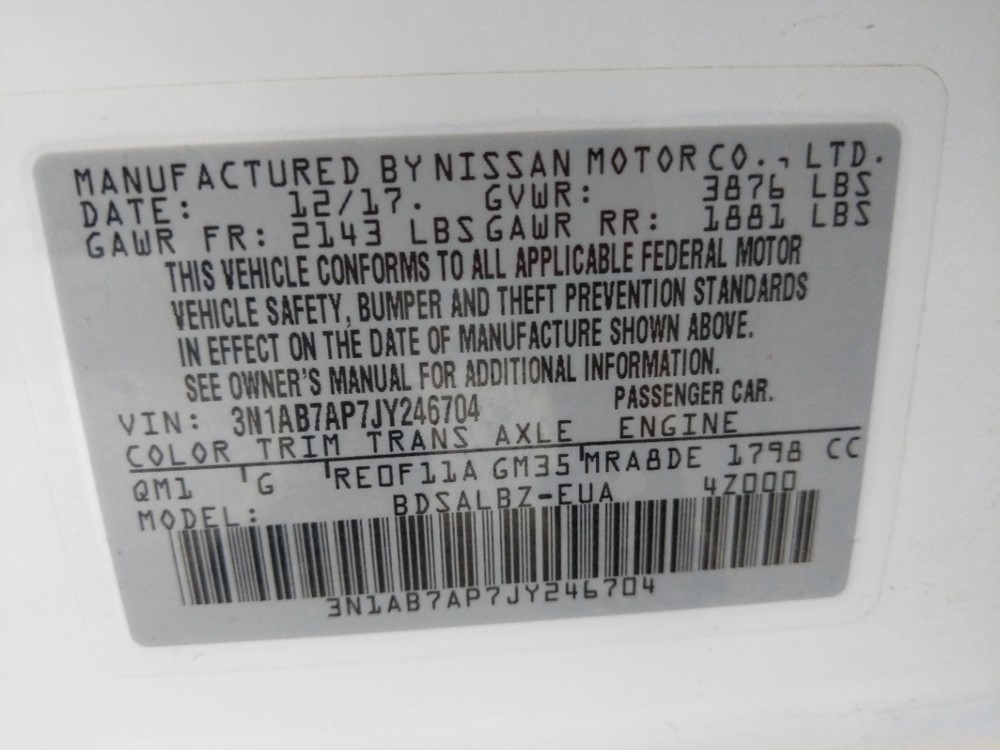 2018 Nissan Sentra - VIN Plate