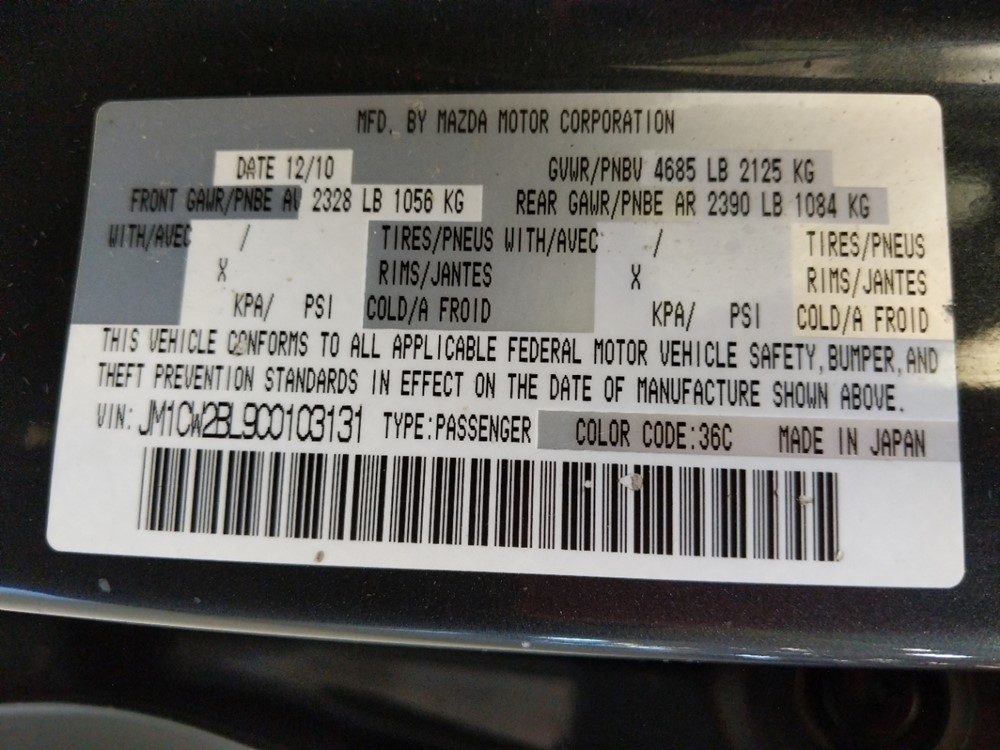 2012 Mazda Mazda5 - VIN Plate