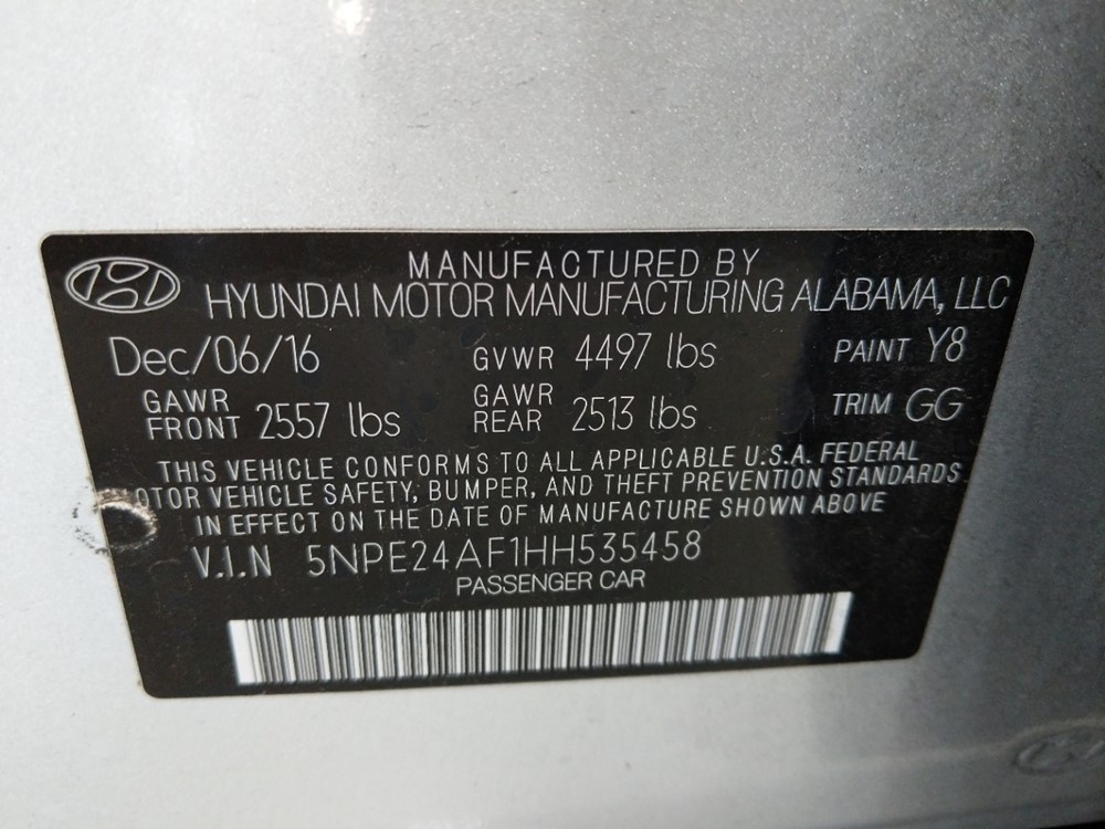 2017 Hyundai Sonata - VIN Plate
