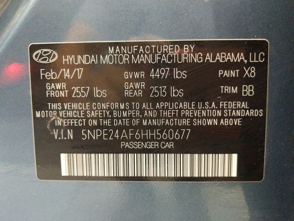 2017 Hyundai Sonata - VIN Plate