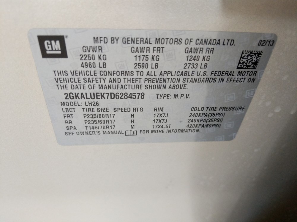 2013 GMC Terrain - VIN Plate