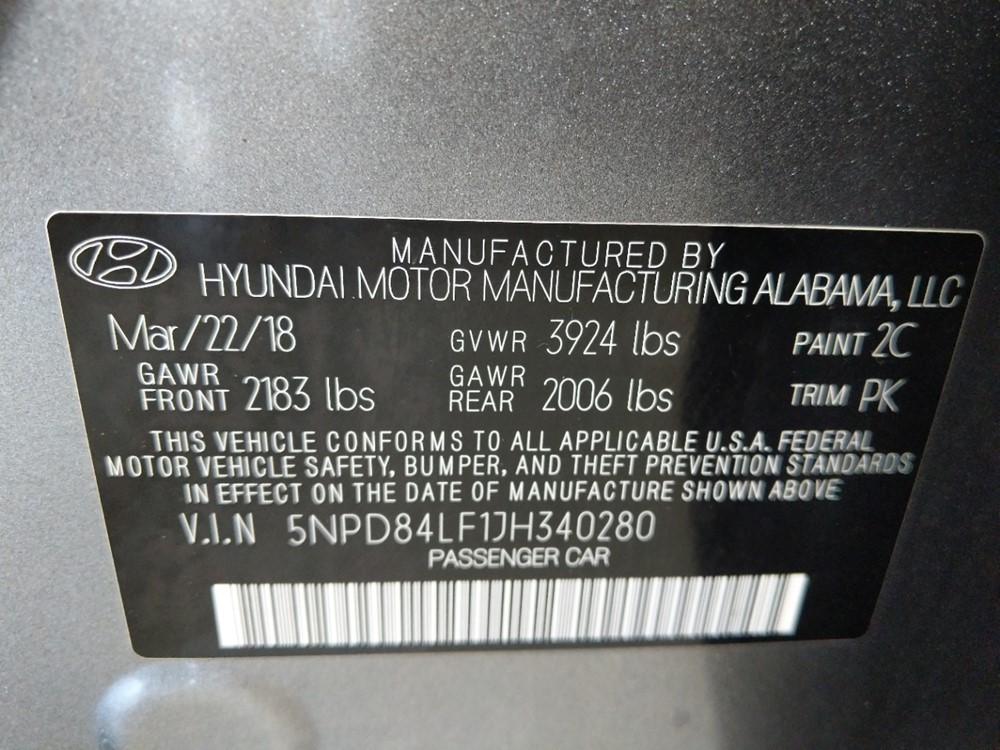 2018 Hyundai Elantra - VIN Plate