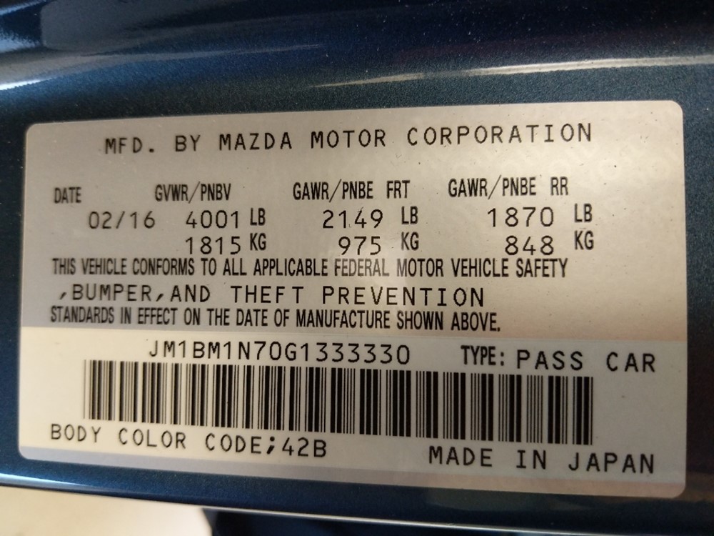 2016 Mazda Mazda3 - VIN Plate