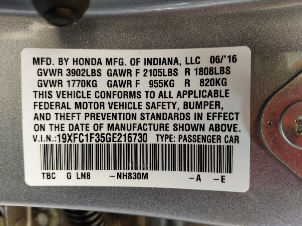 2016 Honda Civic - VIN Plate