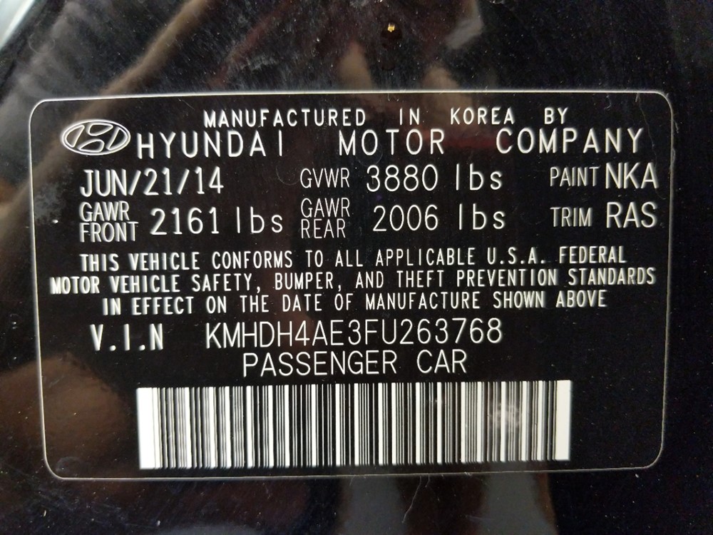 2015 Hyundai Elantra - VIN Plate
