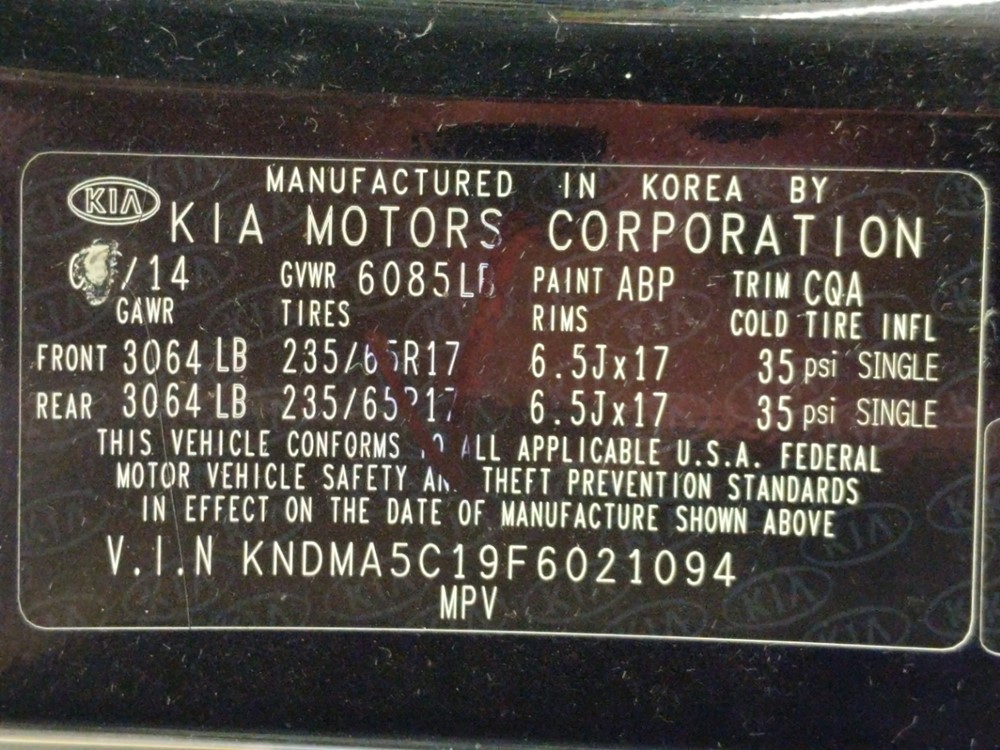 2015 Kia Sedona - VIN Plate