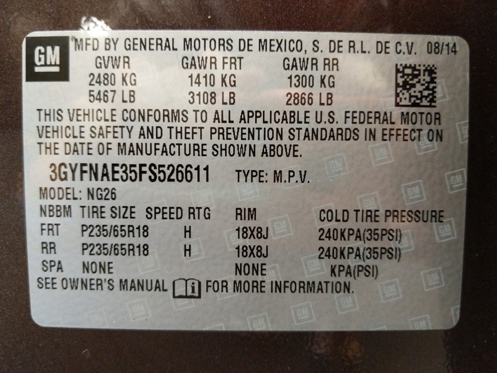 2015 Cadillac SRX - VIN Plate