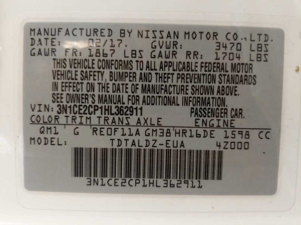 2017 Nissan Versa - VIN Plate