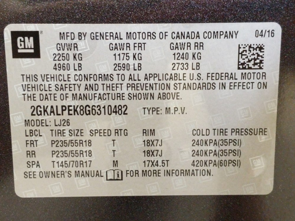 2016 GMC Terrain - VIN Plate