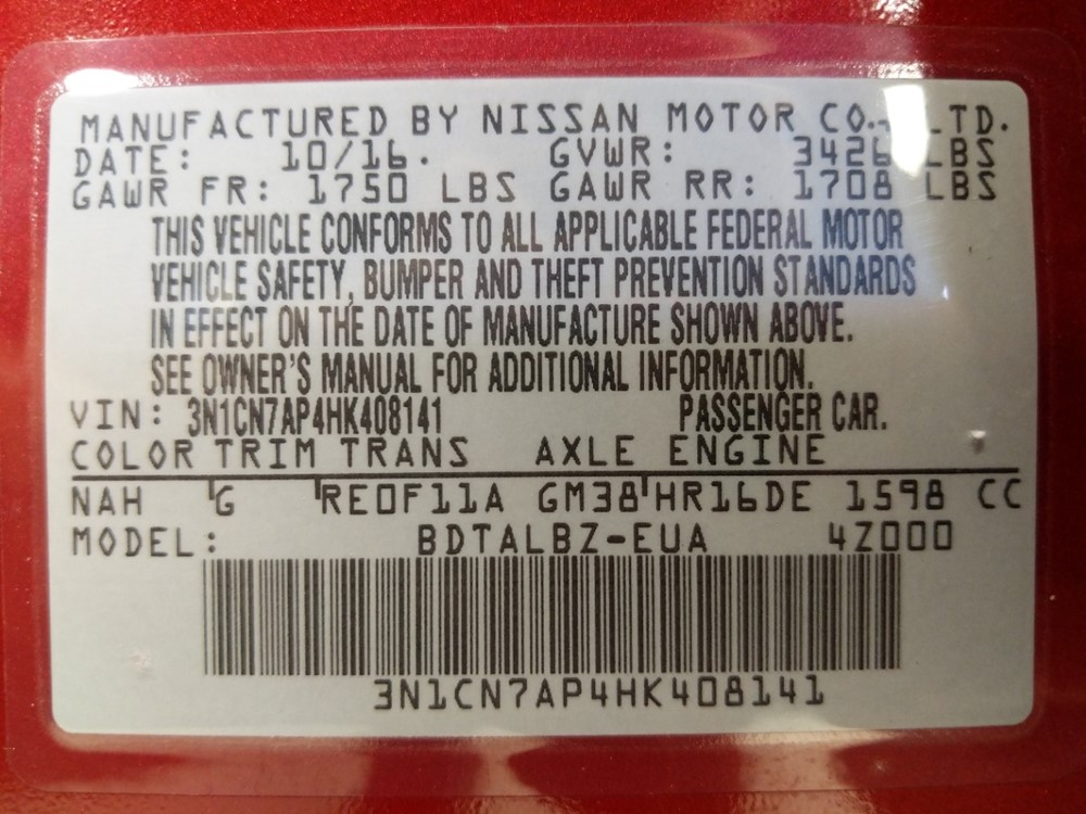 2017 Nissan Versa - VIN Plate