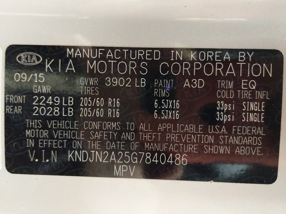 2016 Kia Soul - VIN Plate