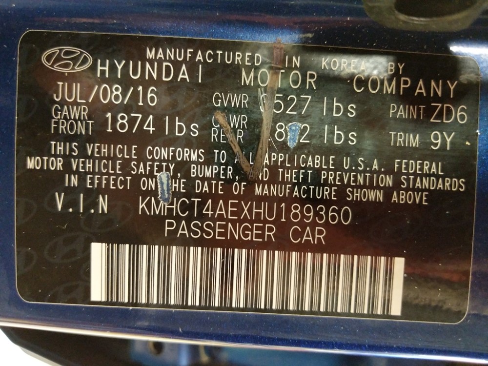 2017 Hyundai Accent - VIN Plate