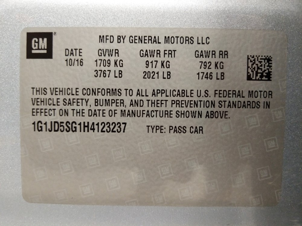 2017 Chevrolet Sonic - VIN Plate