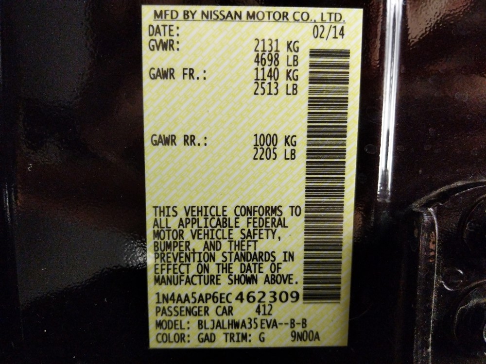 2014 Nissan Maxima - VIN Plate
