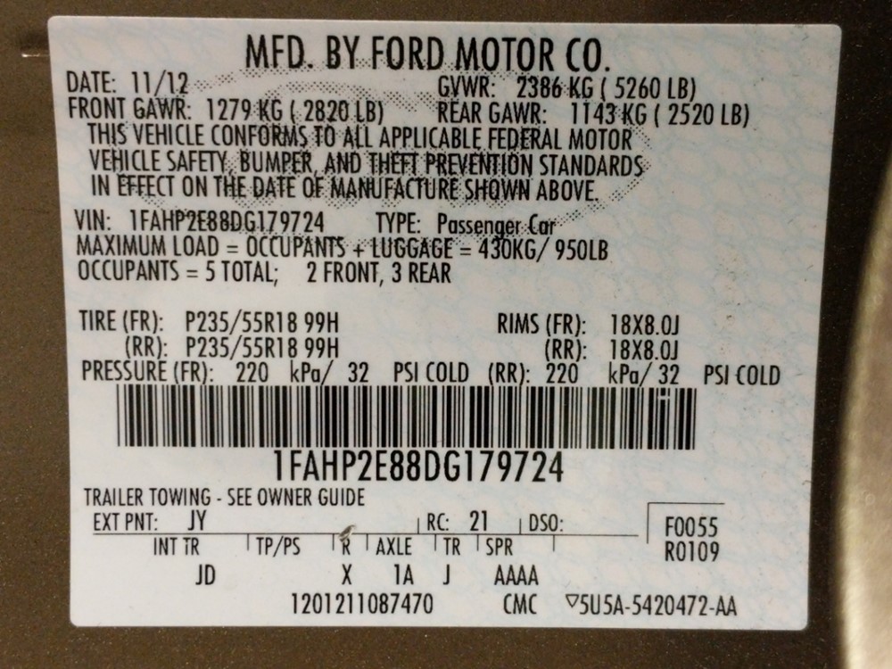 2013 Ford Taurus - VIN Plate