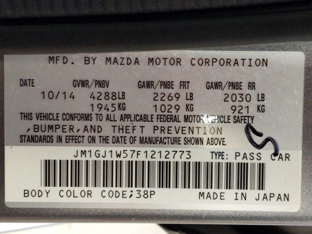 2015 Mazda Mazda6 - VIN Plate