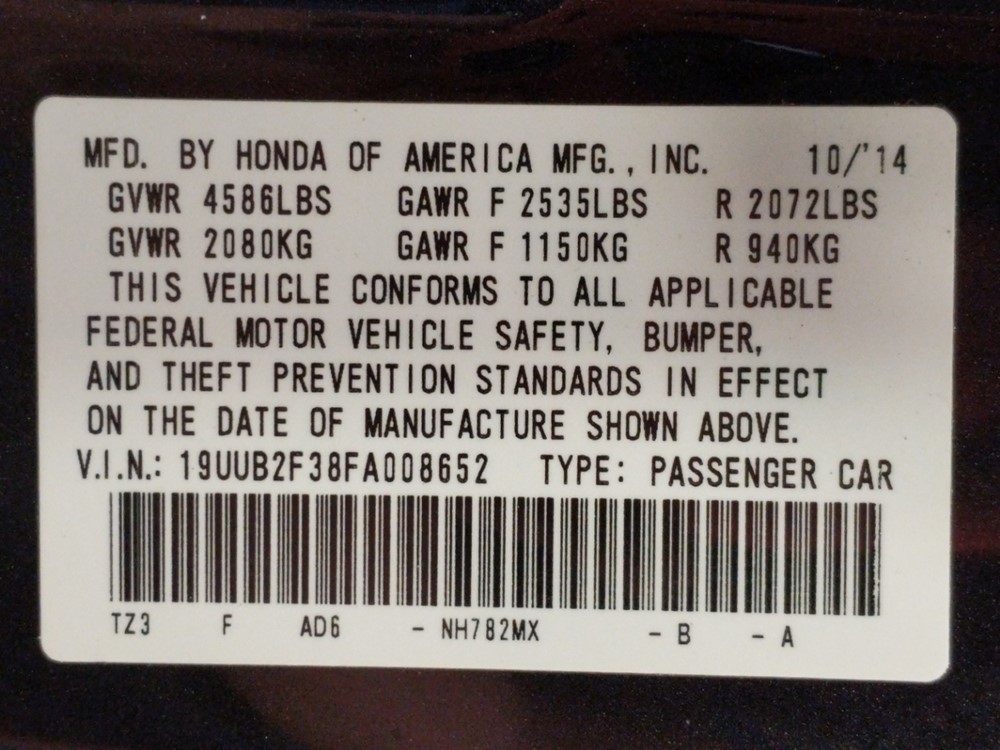 2015 Acura TLX - VIN Plate