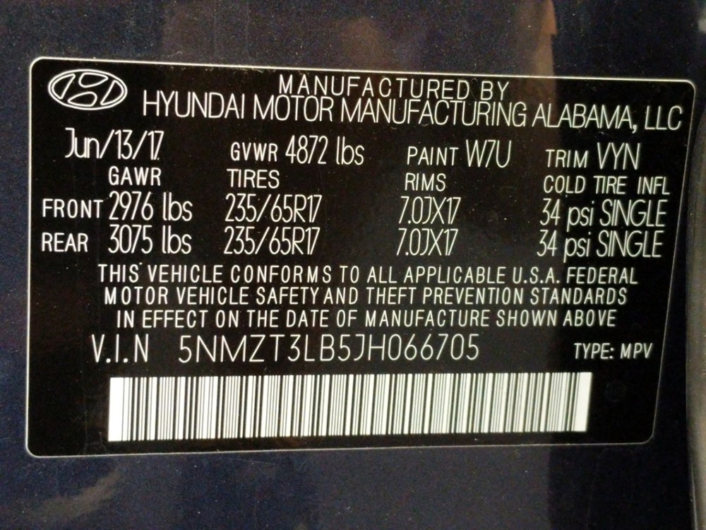 2018 Hyundai Santa Fe - VIN Plate