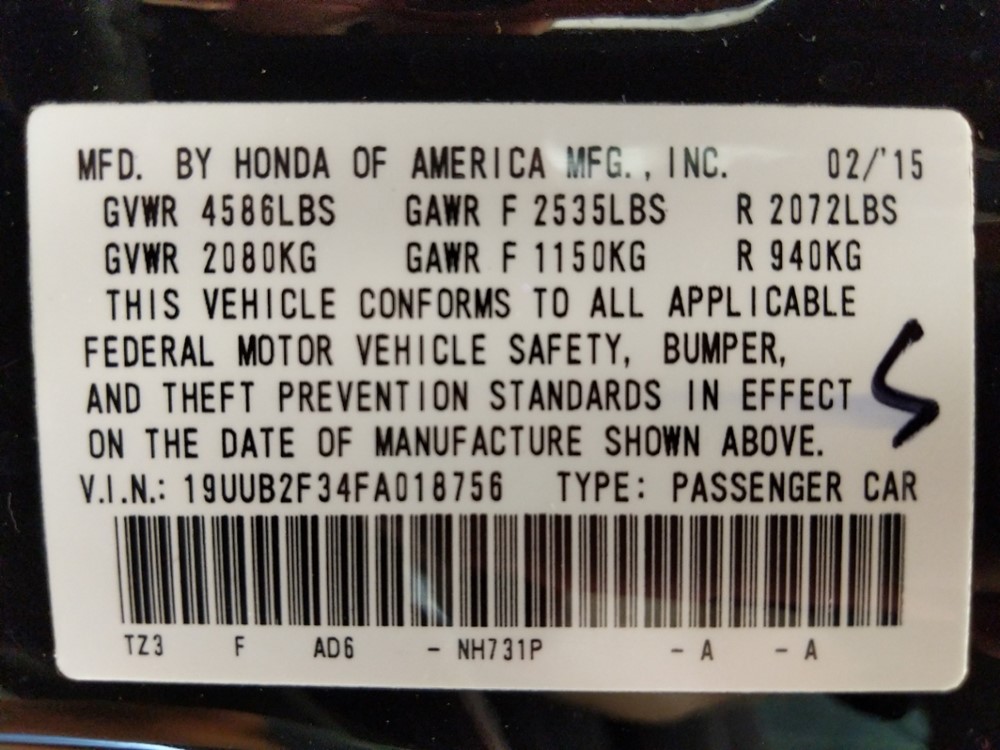 2015 Acura TLX - VIN Plate