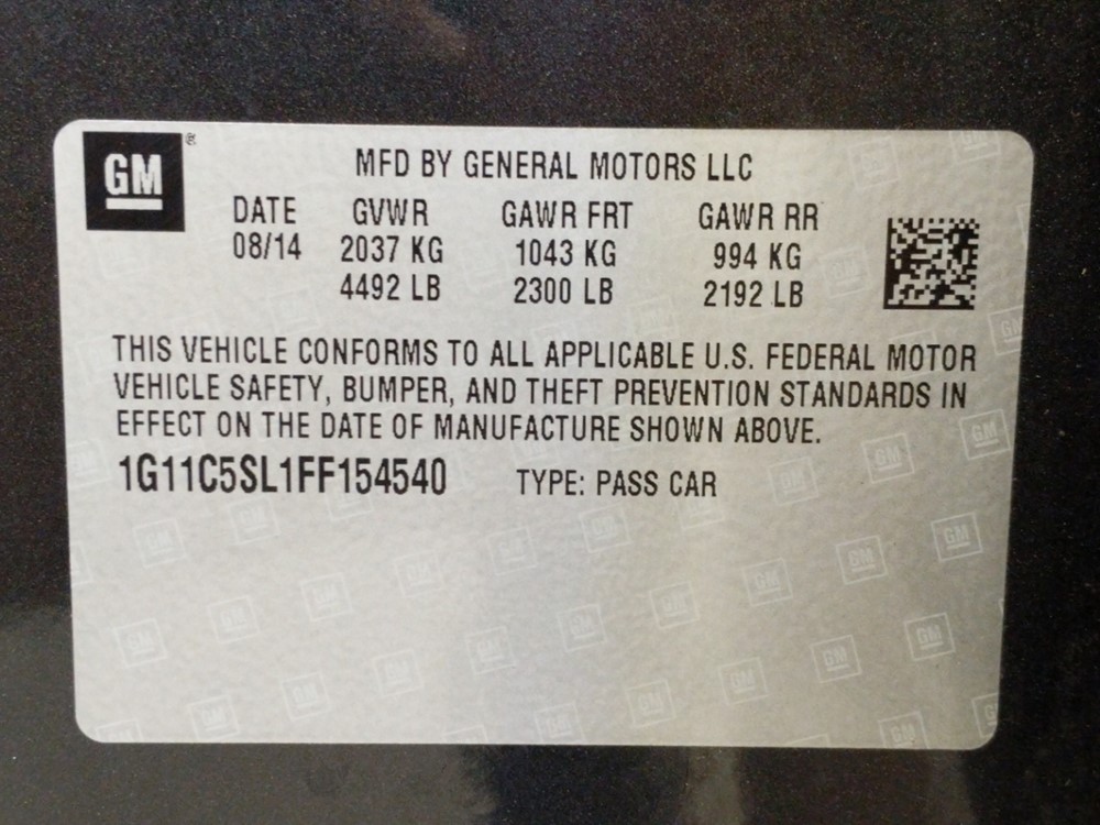 2015 Chevrolet Malibu - VIN Plate