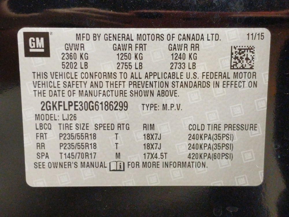 2016 GMC Terrain - VIN Plate