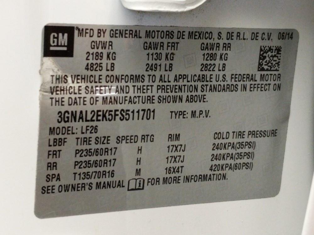 2015 Chevrolet Captiva - VIN Plate