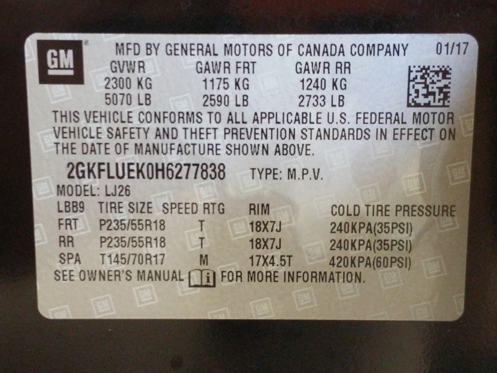 2017 GMC Terrain - VIN Plate