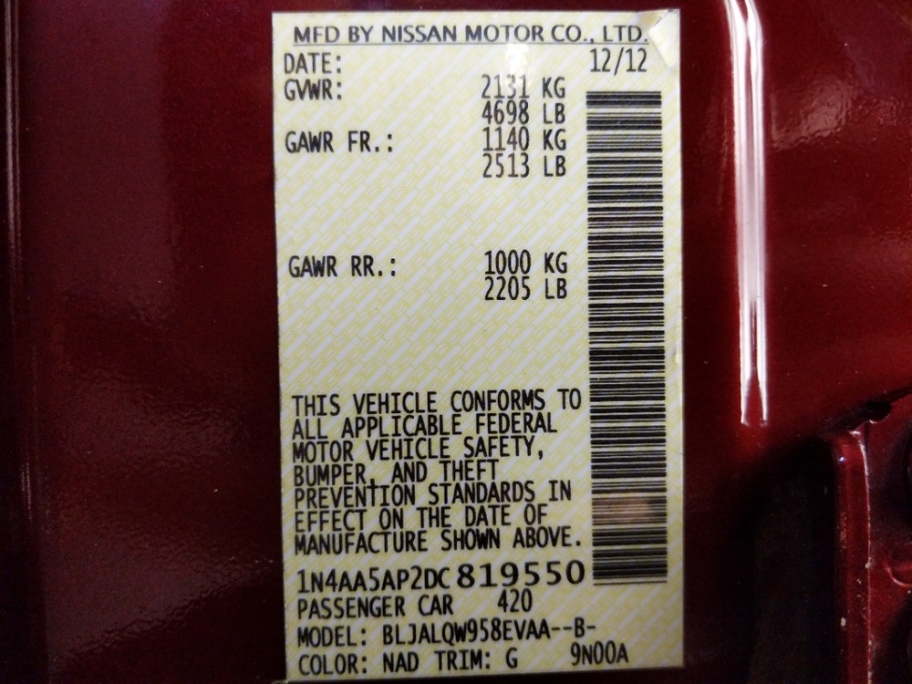 2013 Nissan Maxima - VIN Plate