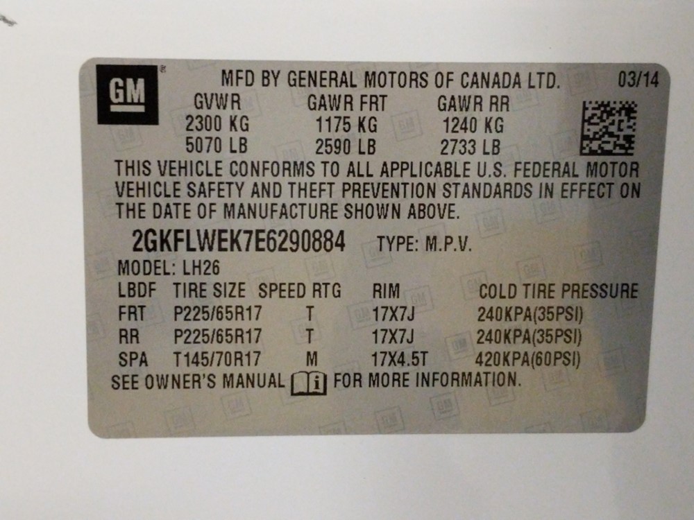 2014 GMC Terrain - VIN Plate